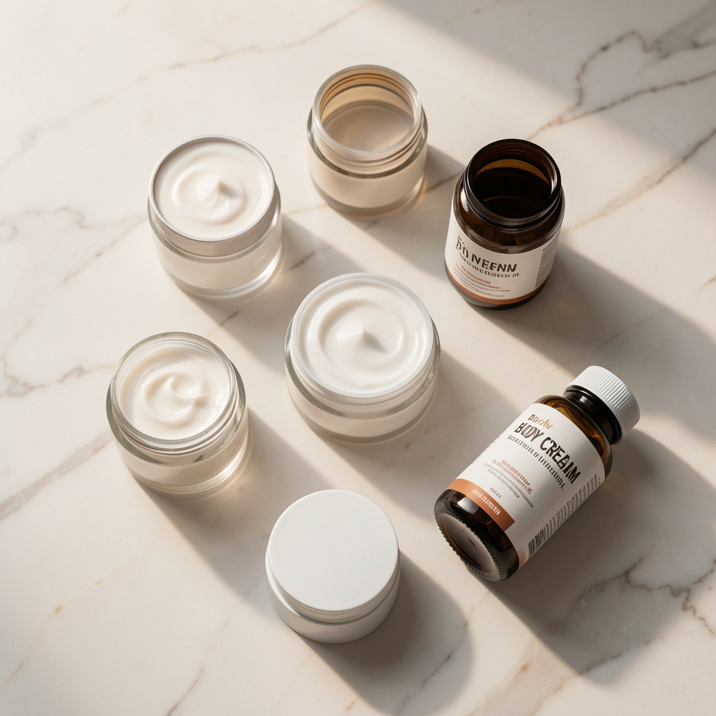 Overhead editorial arrangement of body cream jars and supplement bottles on pale marble surface with natural light from a studio window