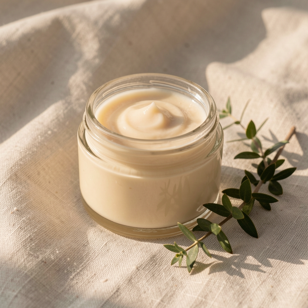 Glass jar of nourishing body cream placed on a pale linen surface with a small botanical sprig beside it, warm natural light