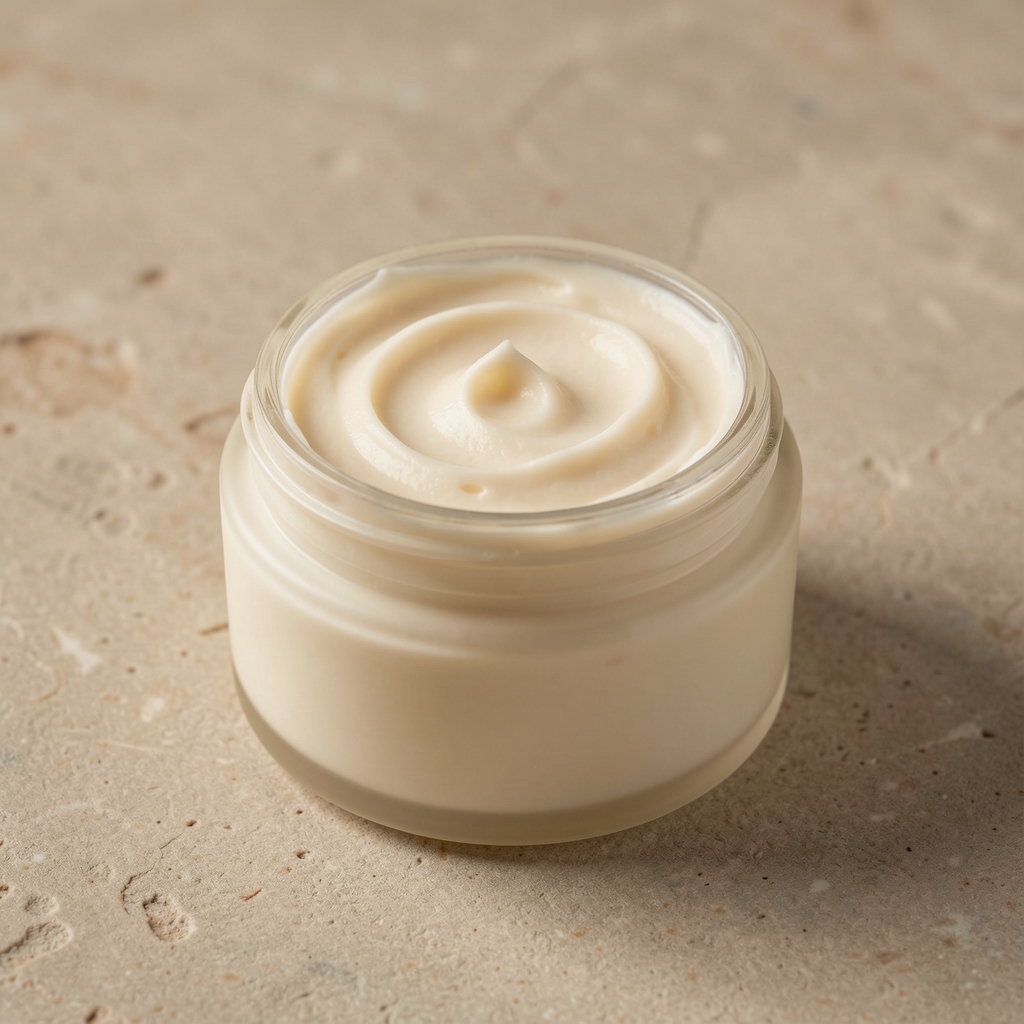 Open body butter jar with thick cream texture visible, placed on a neutral stone surface with soft overhead studio lighting