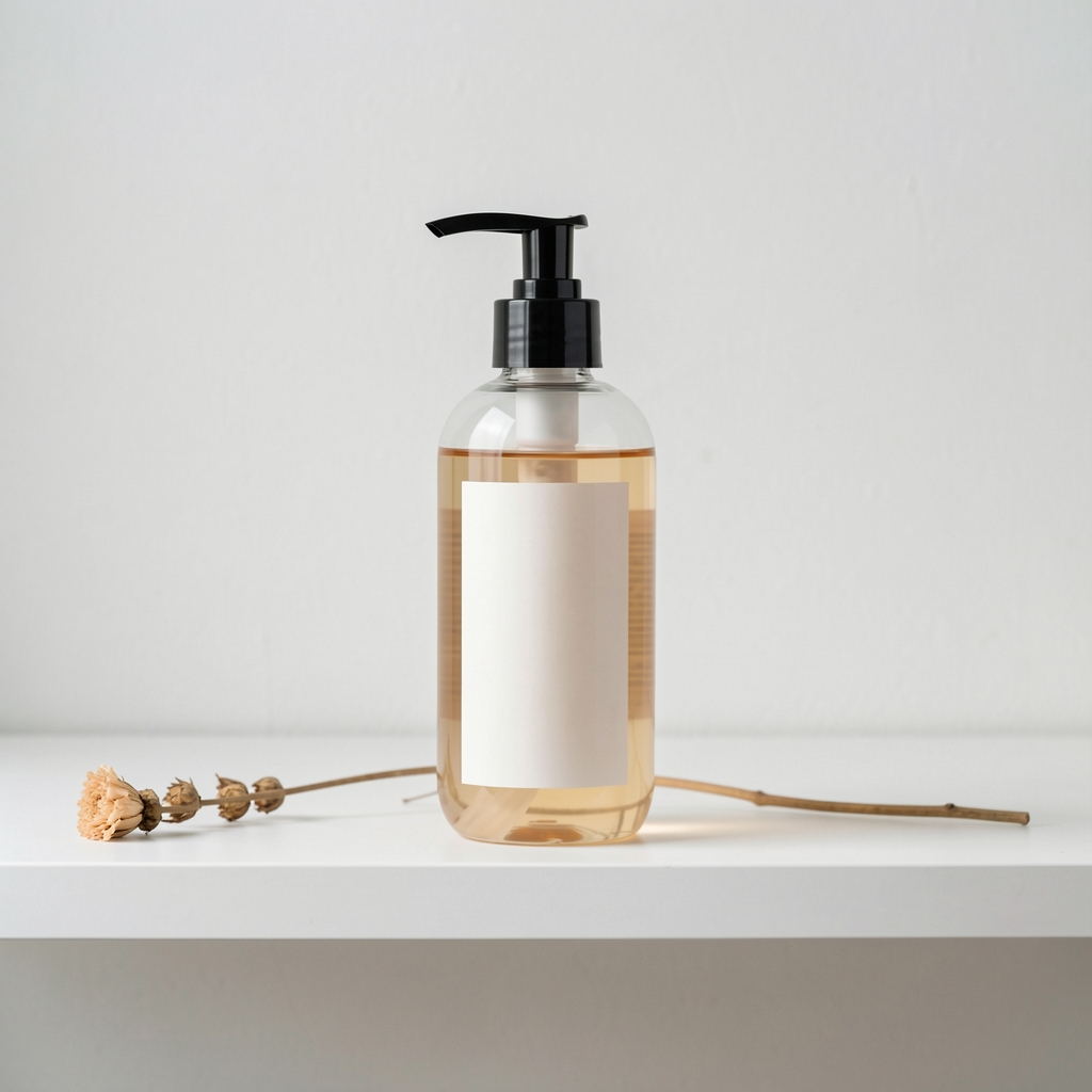 Body lotion bottle with pump dispenser on a clean white shelf surface with a single dried flower stem, editorial product photography