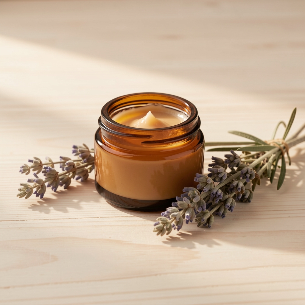Small amber glass jar of restorative body balm beside a sprig of dried herbs on a pale wooden surface, soft warm natural light