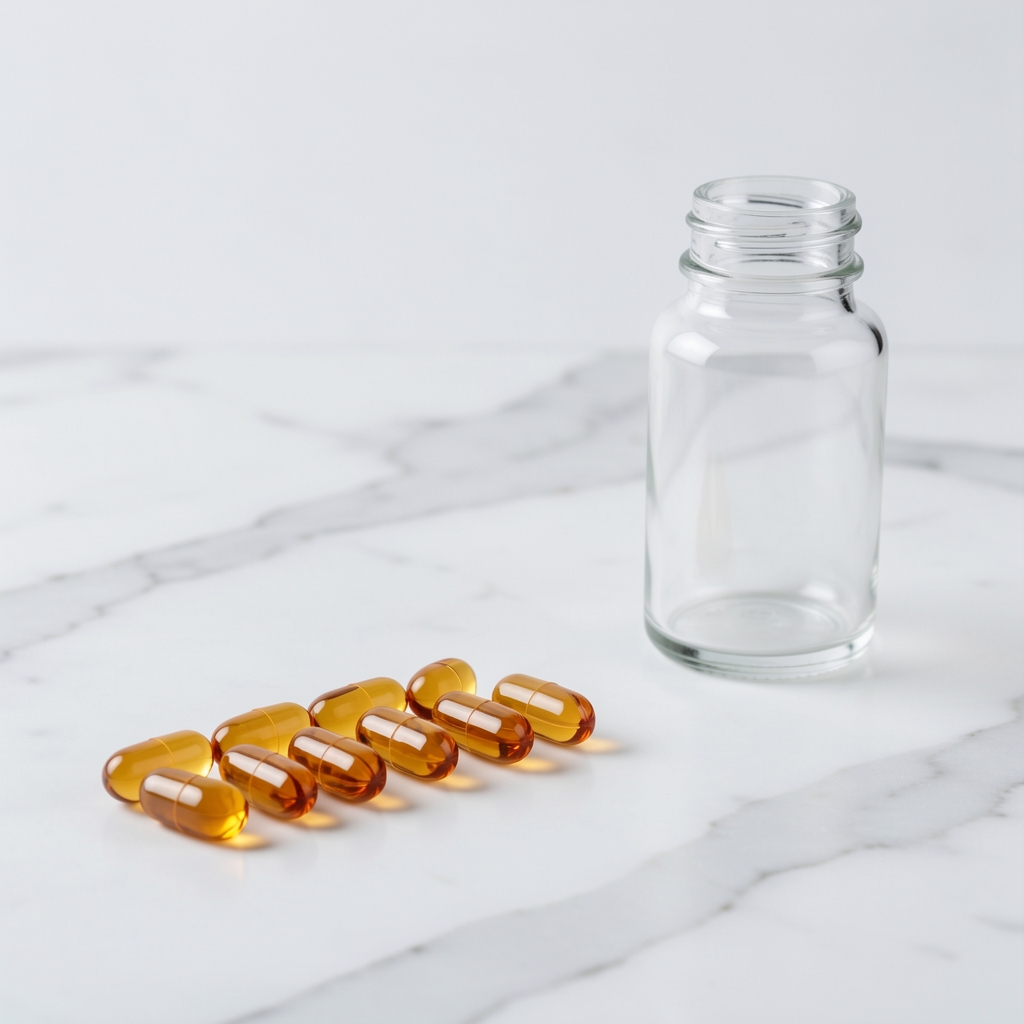 Small amber supplement capsules arranged in a neat row on a white marble surface beside a minimal glass bottle, clean studio light