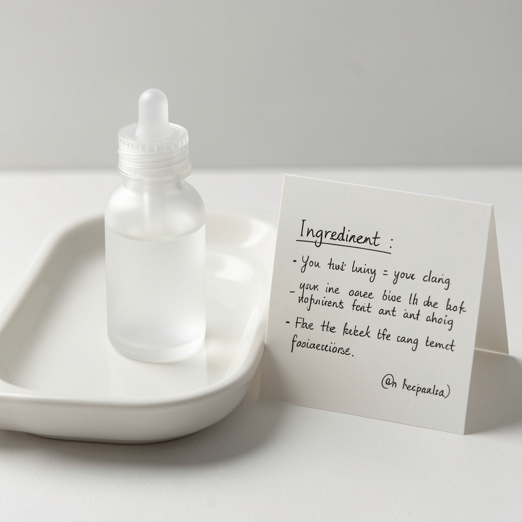 Small frosted glass supplement bottle on a white ceramic tray beside a folded card with handwritten ingredient notes, minimal editorial composition